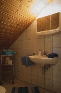 a bathroom with a sink in a attic at Gaststätte und Pension Zum Torfstich in Hundshübel