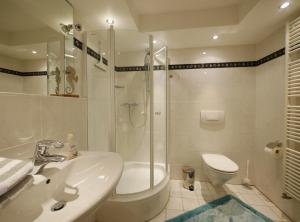 a bathroom with a shower and a sink and a toilet at Ferienwohnung M am Kurpark**** inkl. MeineCard+ in Willingen +32 photos