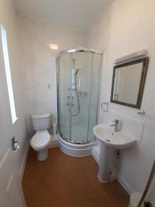 a bathroom with a shower and a toilet and a sink at The Edenhurst Guesthouse in Weymouth