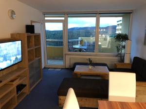 a living room with a television and a large window at App 362 Panoramic Hohegeiß in Braunlage