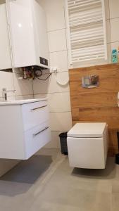 biała łazienka z toaletą i umywalką w obiekcie Apartament Fibra Essenza w Rybniku