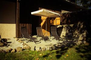 a group of chairs and an umbrella on a patio at Ferienwohnung zum Forsthaus mit Sauna in Oberviechtach +21 photos