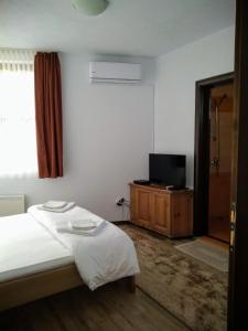een slaapkamer met een bed en een flatscreen-tv bij Guesthouse White Margarit in Melnik