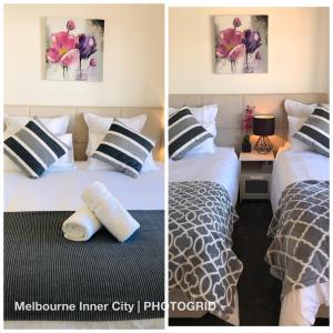 two pictures of a hotel room with two beds at Melbourne Inner City Holiday Home Near CBD & Flemington in Melbourne