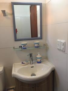 a bathroom with a sink and a mirror at La Ranita Negra in La Paloma