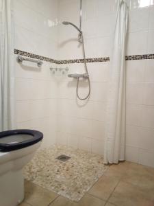 a bathroom with a shower with a toilet and a shower curtain at Weald of Kent Golf Course and Hotel in Headcorn