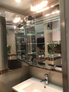 La salle de bains est pourvue d'un lavabo et d'un miroir. dans l'établissement Chambre via Natina, à Saint-Germain-en-Laye
