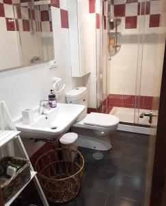 a bathroom with a toilet and a sink and a shower at Apartamento Cine Colón 2 in Ribadeo +19 photos