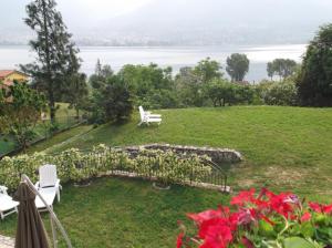 a bench on a lawn with a view of the water at Villa Oliveto apartments in Oliveto Lario