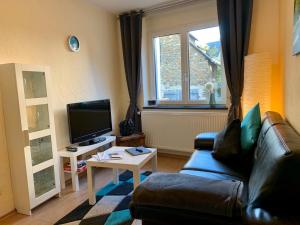 a living room with a leather couch and a tv at Ferienwohnung Am Bachlauf in Pommern