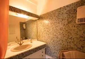a bathroom with a sink and a mirror at Ferme des Prades in Landeyrat