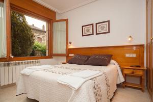 a bedroom with a large bed with a window at Hostal Vinuesa in Vinuesa