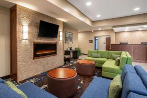 a living room with a couch and a fireplace at Comfort Inn and Suites Ames near ISU Campus in Ames