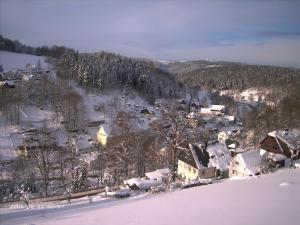 a town covered in snow with houses and trees at Ferienwohnung Erzgebirge - Pobershau - mit schönem Ausblick, ruhige, beste Lage in Pobershau