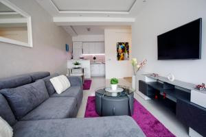a living room with a couch and a tv at Apartman Niki in Arandelovac
