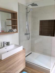 La salle de bains est pourvue d'un lavabo blanc et d'une douche. dans l'établissement La Palmeraie - Appartement classé 4 étoiles - Hyper centre ville, à Quimper