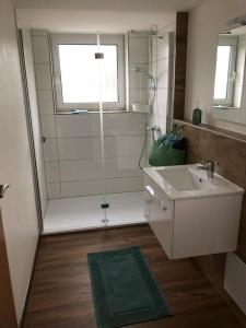 a bathroom with a shower and a sink and a mirror at Ferienwohnung Stadtflair in Daun