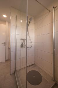 La salle de bains est pourvue d'une douche avec une porte en verre. dans l'établissement 2 Bedroom Mountain View Apartment Interlaken, à Interlaken