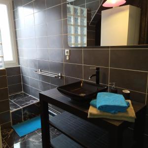 uma casa de banho com um lavatório preto e um espelho em Bel appartement en plein coeur de ville em Le Creusot