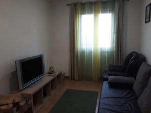 a living room with a couch and a television at A Primeira Casinha do Mé-Mé in Manteigas