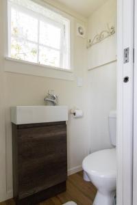 uma casa de banho com um lavatório e um WC em Thistle and Pine Cottage Farmstay em Tauranga