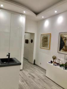 Zimmer mit einem Waschbecken und einer Theke mit Gemälden in der Unterkunft Allegra's House Vaticano in Rom