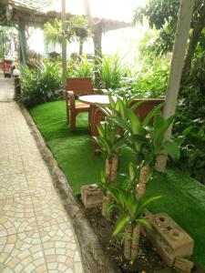 einen Garten mit einem Tisch, Stühlen und Pflanzen in der Unterkunft ต้งโฮมหละปูน ณ ตูบแก้ว in Lamphun