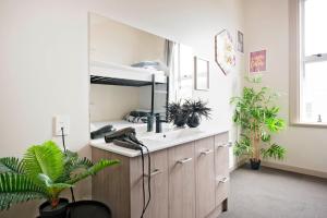 baño con lavabo, espejo y plantas en Bridge Backpackers en Nelson