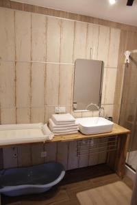 a bathroom with a sink and a mirror at Gołubski Loft in Gołubie