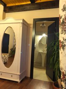 La salle de bains est pourvue d'un miroir et d'un lavabo. dans l'établissement Casa Albert Valea Avrigului, à Avrig