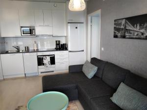 sala de estar con sofá y cocina en Pro Apartments 2 en Vaasa