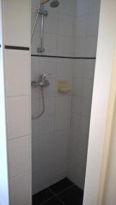 een badkamer met een douche en een glazen deur bij boerderijkamer Zwanebloem in Onstwedde