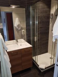 a bathroom with a shower, sink, and toilet at La Cremaillere in Courseulles-sur-Mer