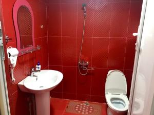 a red bathroom with a sink and a toilet at Sweet Memories in Kutaisi