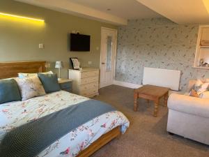 um quarto com uma cama, uma cadeira e uma televisão em Lodbourne House B&B em Gillingham