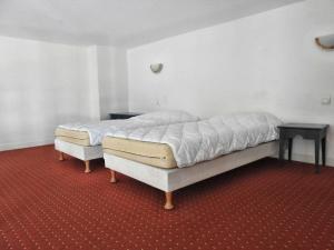 two beds in a room with a red carpet at Les yeux dans l'océan in Le Croisic +3 photos