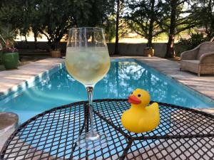 a glass of wine and a rubber duck on a table next to a pool at Wittedrift Manor House in Tulbagh