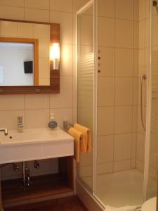 a bathroom with a sink and a shower at Aktivpension Regenbogen in Willingen