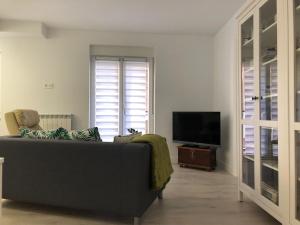 ein Wohnzimmer mit einem Sofa und einem Flachbild-TV in der Unterkunft CHESS CITY in Salamanca