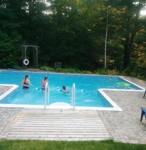 two people playing in a swimming pool at Andante Gîte Bed and Breakfast in Cantley