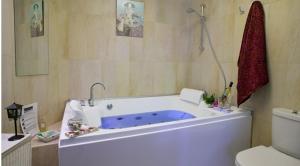 a bath tub sitting next to a toilet in a bathroom at Casa Rural Lakoak in Garínoain
