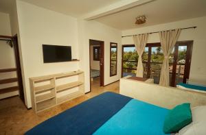 ein Schlafzimmer mit einem blauen Bett und einem TV in der Unterkunft Vila Emanuelle Pousada Boutique in São Miguel do Gostoso
