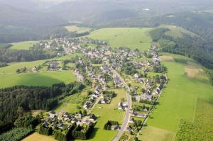 uma vista aérea de uma pequena aldeia num campo verde em Ferienhaus Astenblick für große Gruppen - Familienfeiern oder Betriebsfeiern em Winterberg