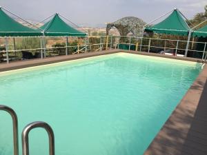 a swimming pool with turquoise water and green umbrellas at B&B Profumi di Sicilia in San Cataldo