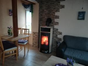 a living room with a fireplace and a couch at Spreewaldhäuser Golinski mit Kamin am Neuendorfer See in Alt Schadow