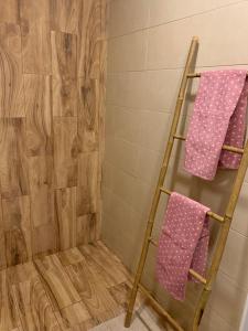 een handdoekenrek in een douche met roze handdoeken bij City Heart Place 1 in Porto