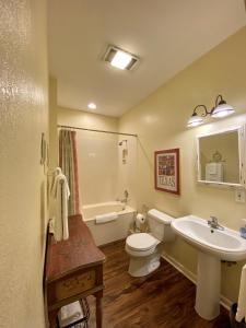 a bathroom with a sink and a toilet and a tub at Comal Inn in New Braunfels