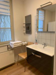bagno con lavandino, specchio e sedia di Appartements des 2 Têtes a Colmar Altre 31 foto