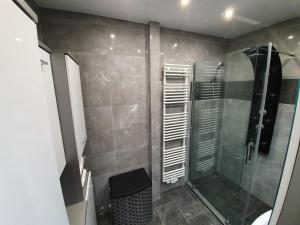 a bathroom with a shower with a glass door at BS Business Travelling Hannover Messe in Hannover