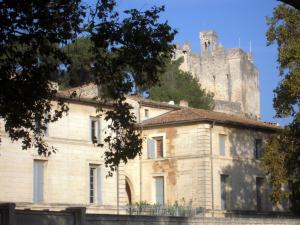 um edifício antigo com um castelo ao fundo em My Beaucaire em Beaucaire